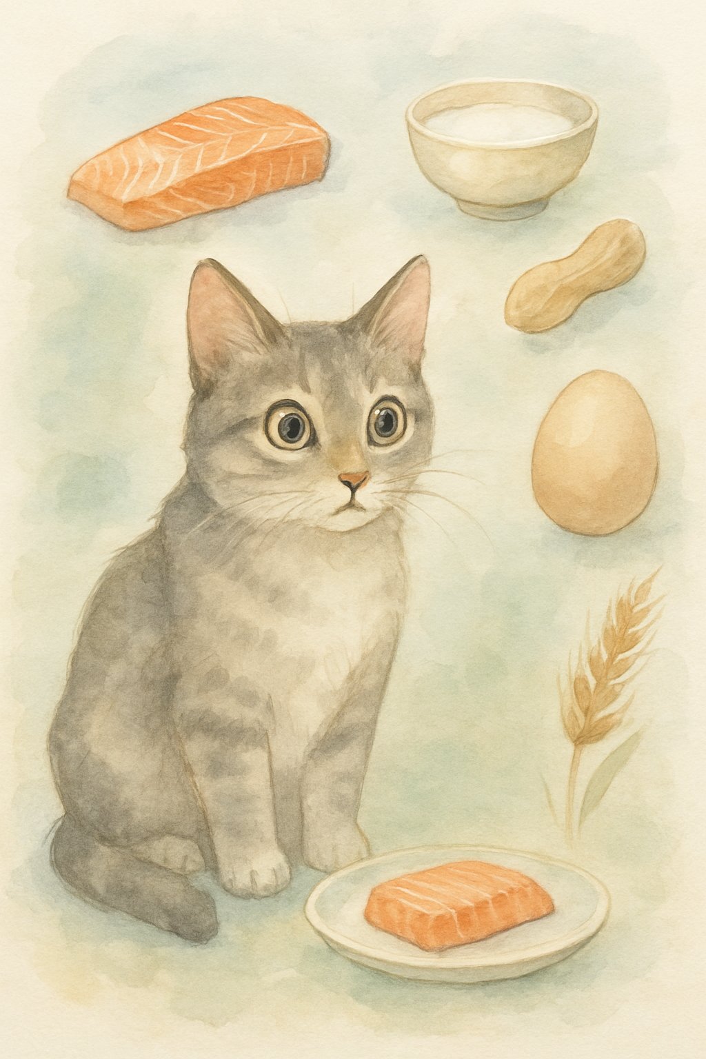 A cat sitting attentively next to a plate of salmon, surrounded by illustrations of various foods including dairy, peanuts, eggs, and wheat.