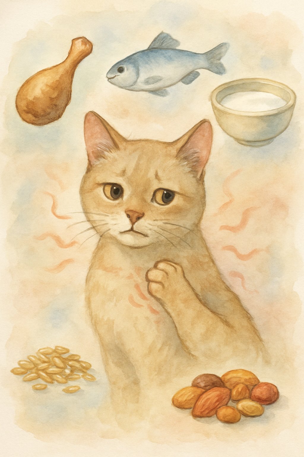 A cat with irritated paws surrounded by images of chicken, fish, milk, wheat, and nuts.