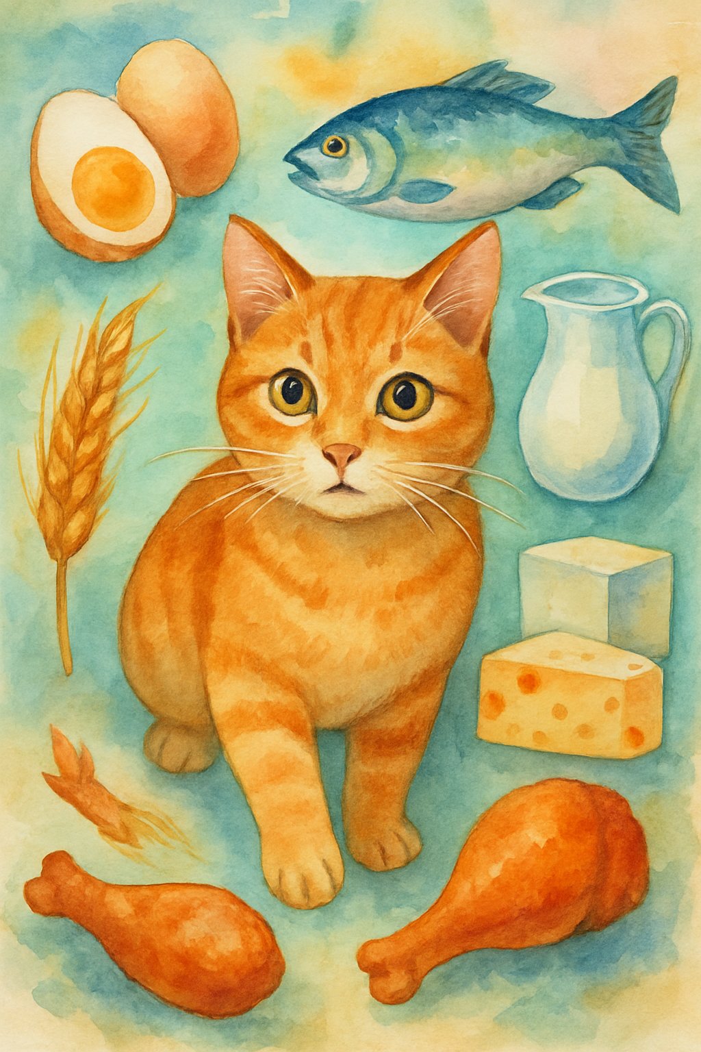 A cat surrounded by eggs, fish, dairy, wheat, and chicken pieces, looking alert among the various foods.
