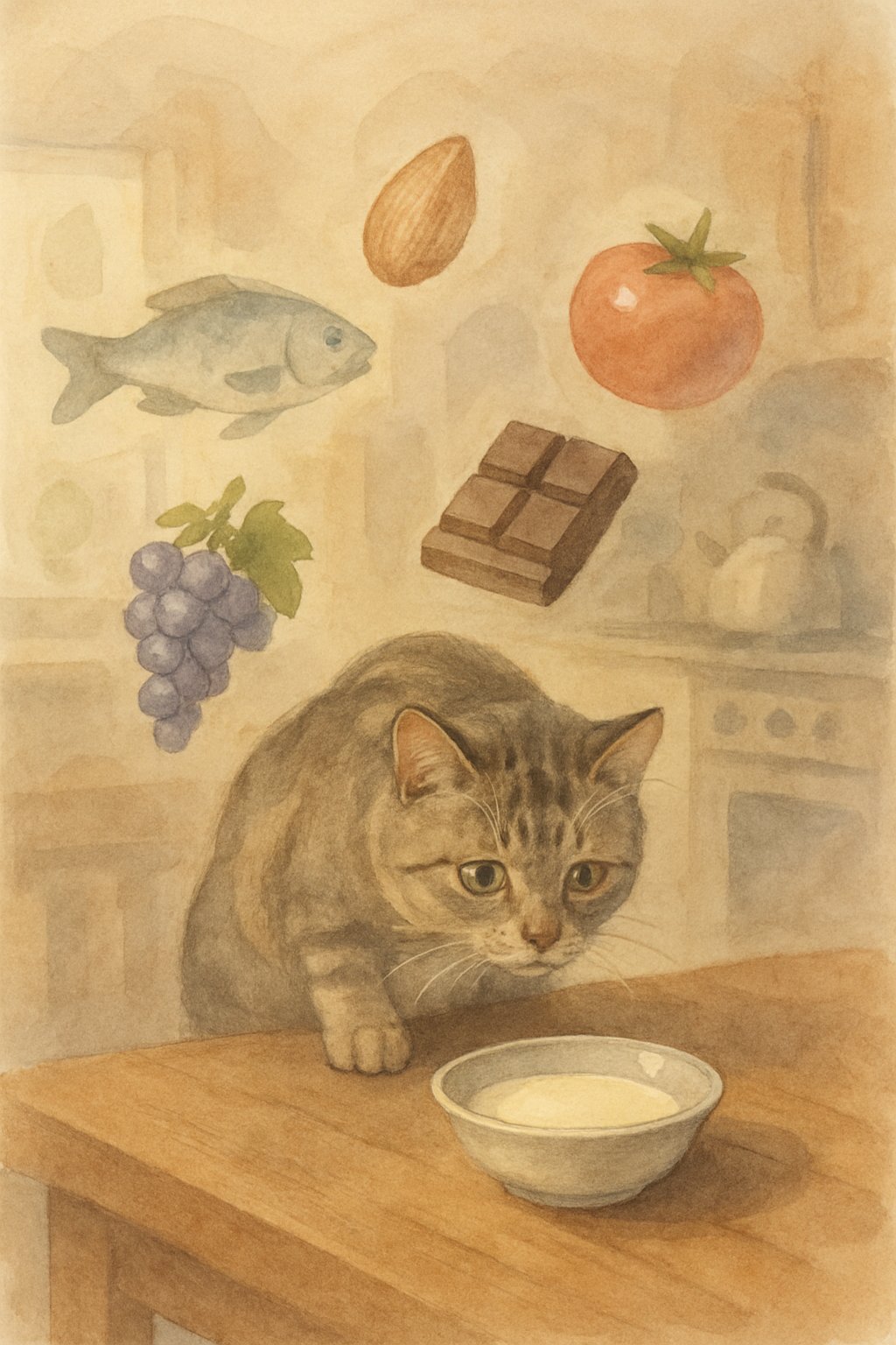 A cat cautiously approaches a bowl of milk on a kitchen table, surrounded by faint images of fish, almonds, tomatoes, chocolate, and grapes.