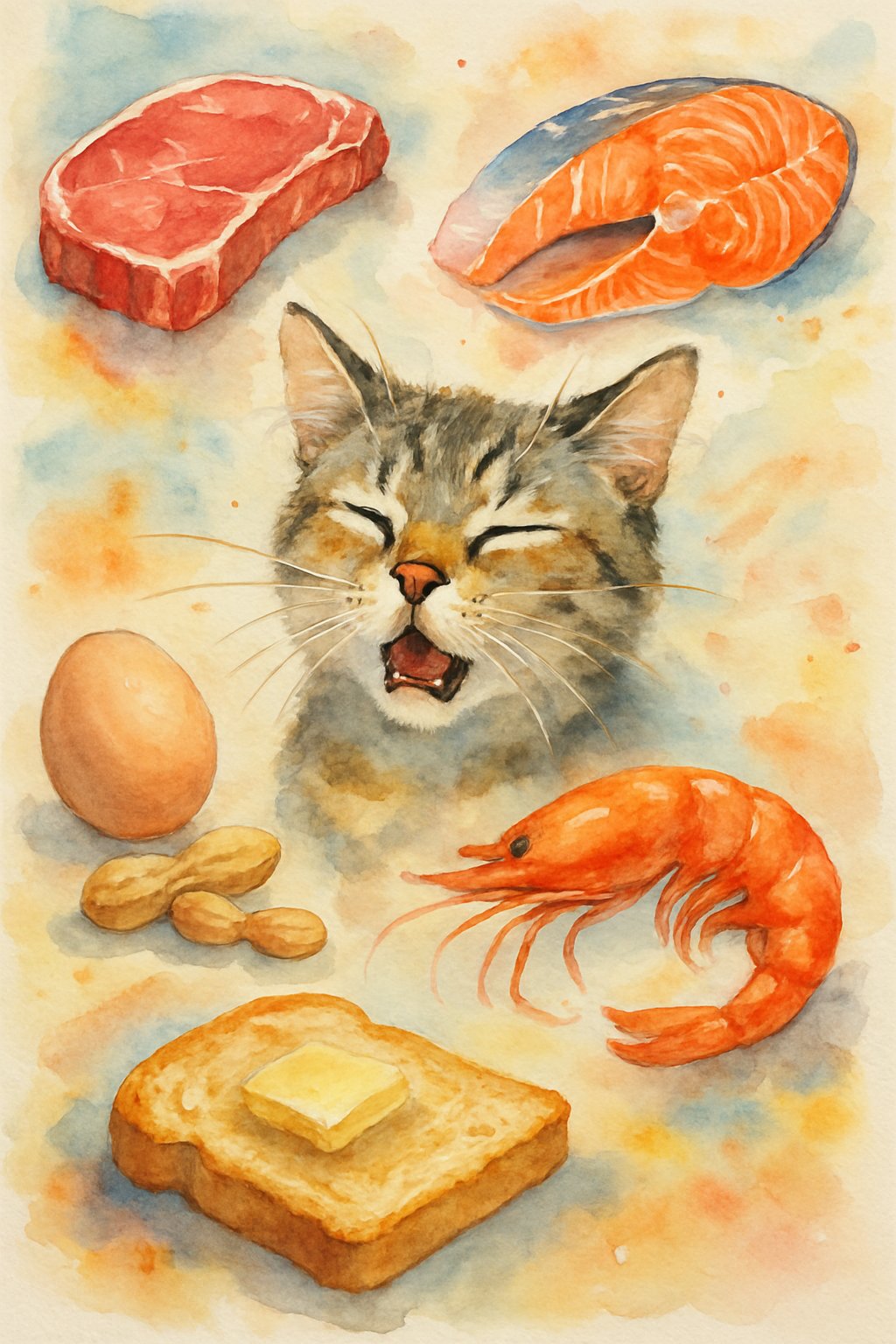 A cat surrounded by beef, fish, and other foods, looking surprised as if sneezing.