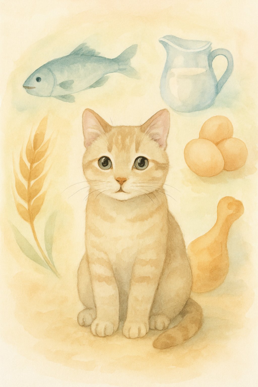 A cat sitting calmly surrounded by illustrations of fish, dairy, wheat, chicken, and eggs.