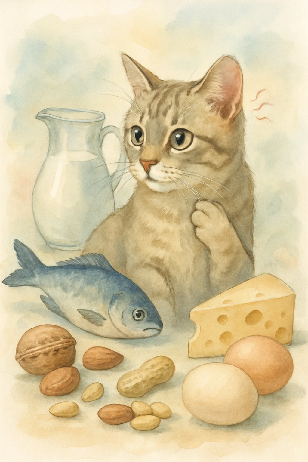 A domestic cat surrounded by various foods like fish, dairy, nuts, and eggs, showing signs of mild discomfort.
