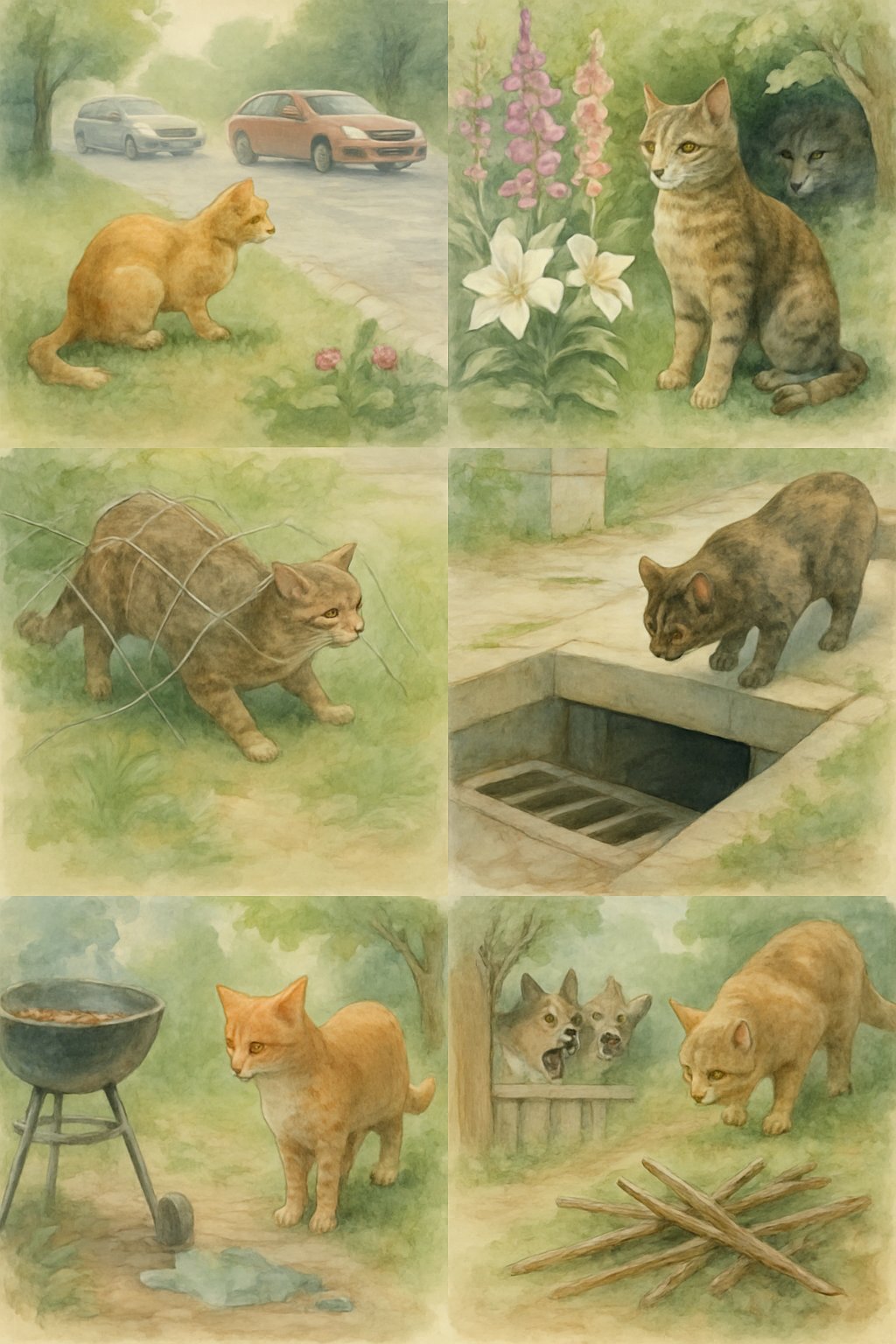 Several cats explore outdoor environments like gardens, roadsides, and backyards, each facing potential dangers such as traffic, predators, poisonous plants, and hazardous objects.