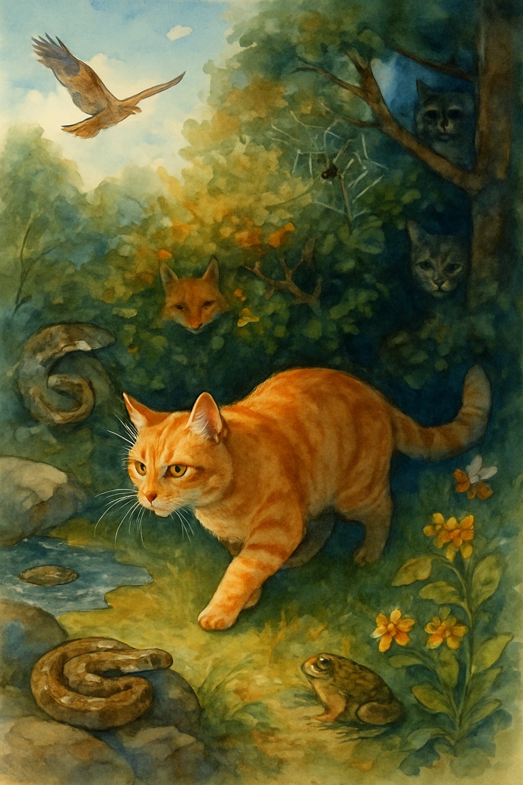 A domestic cat cautiously walking near bushes and trees, surrounded by various hidden wildlife predators including a snake, hawk, fox, spider, raccoon, toad, owl, bobcat, and bees.