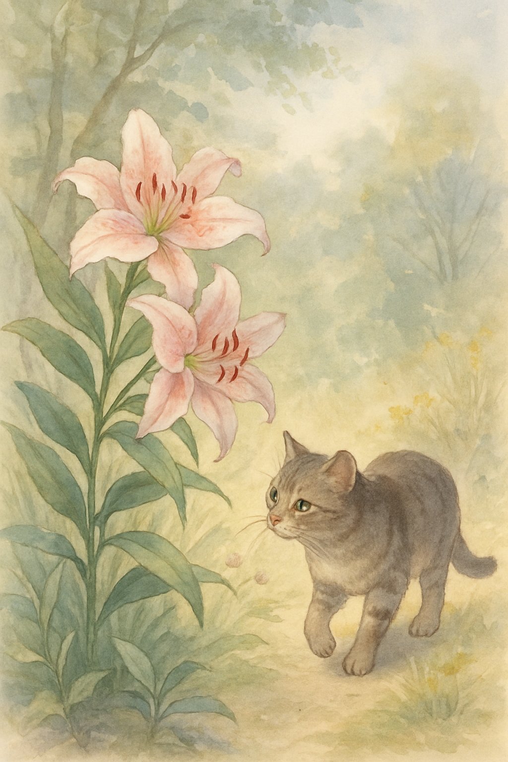 A cat cautiously approaches a cluster of lilies in a peaceful outdoor garden.