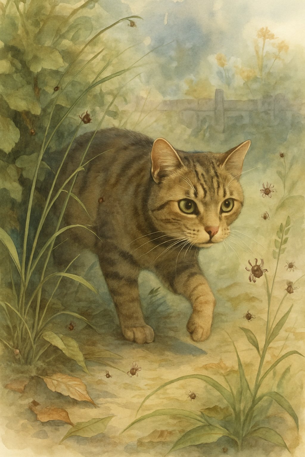 A cat exploring a garden with grasses and bushes, with tiny ticks and fleas on its fur and nearby plants.