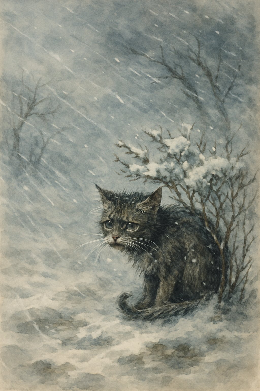 A small cat shivering under a snow-covered bush during a heavy winter storm with icy winds and falling snow.