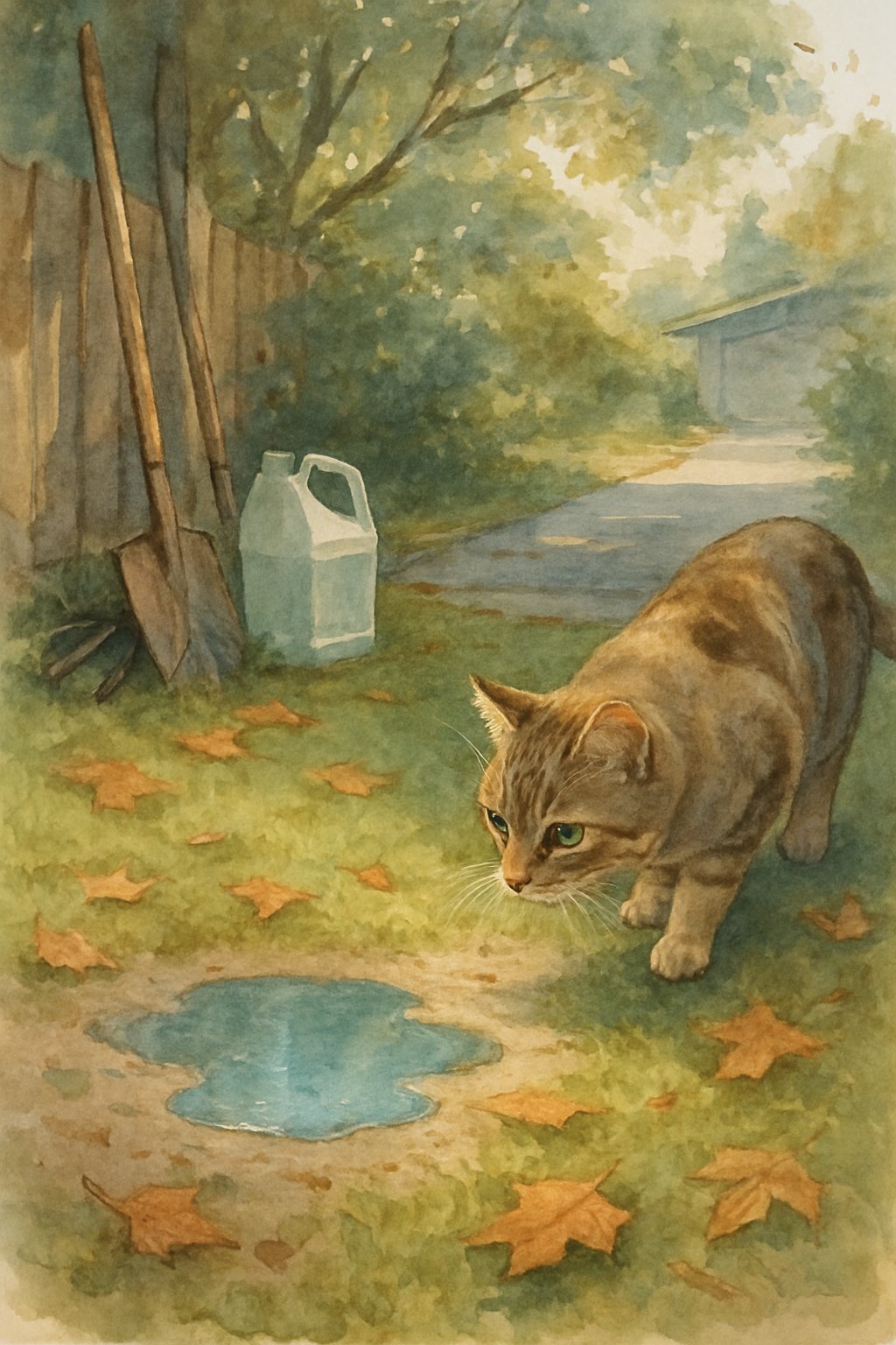 A cat cautiously approaches a small puddle of liquid on the ground in a quiet backyard surrounded by grass and trees.