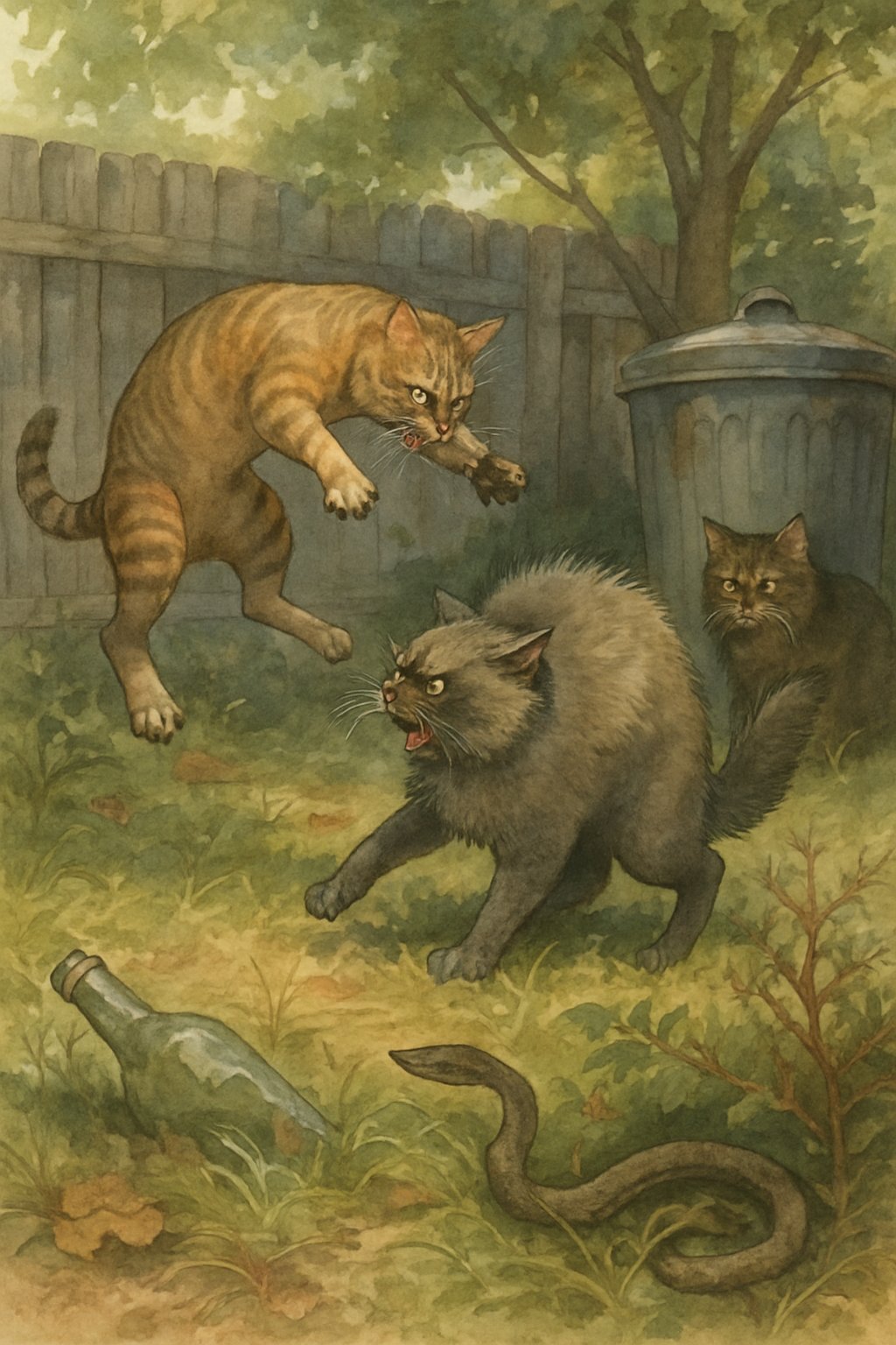 Several neighborhood cats fighting outdoors near a wooden fence, surrounded by grass, leaves, and hidden dangers like broken glass, thorny bushes, and a snake.