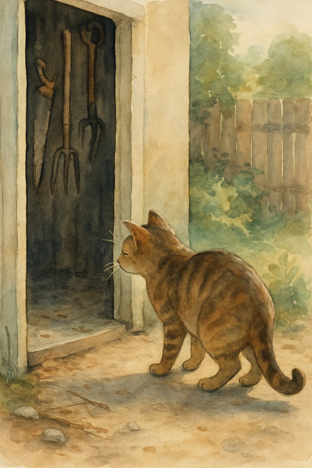 A cat cautiously looking into a partially open garage door surrounded by garden plants and scattered debris.