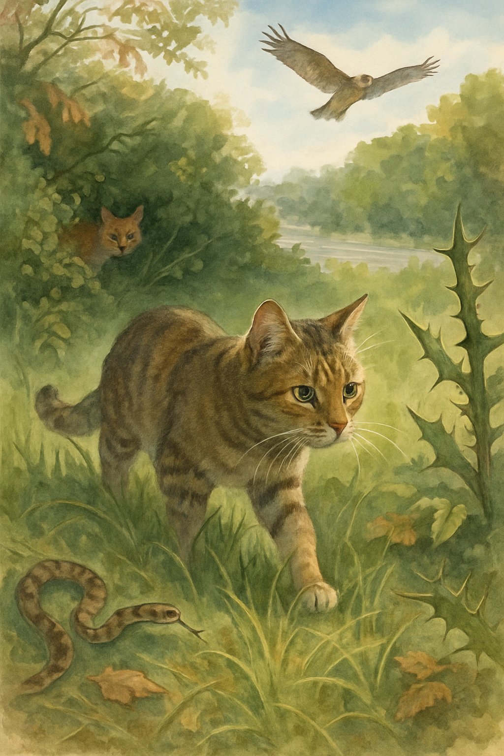 A cat cautiously walking through a garden surrounded by hidden dangers like a snake, a bird of prey, sharp plants, a distant road, and a fox hiding behind bushes.