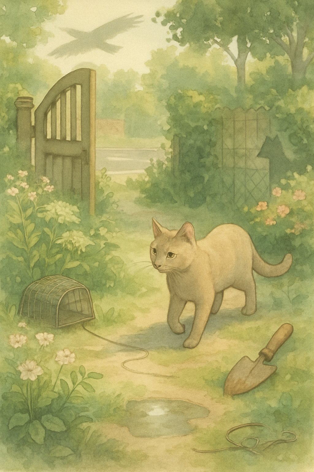 A cat cautiously exploring a garden with hidden dangers like a garden gate, road, bird trap, poisonous plants, wire, puddle, bird shadow, dog behind a fence, and garden tools nearby.