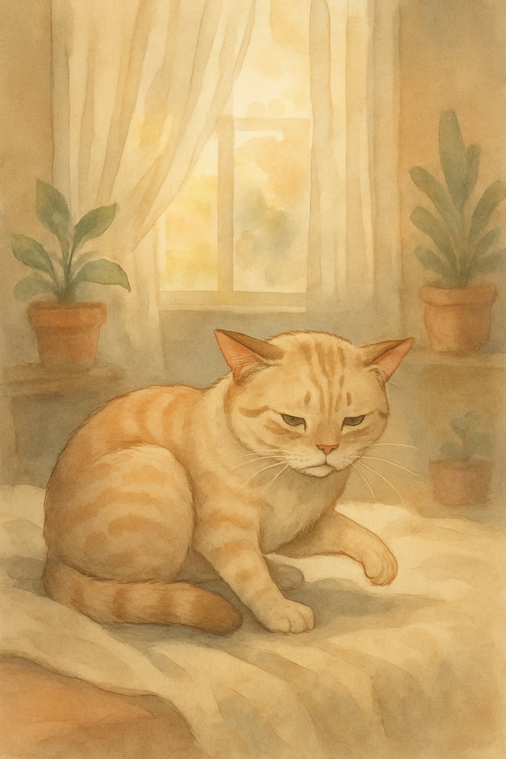 A cat curled up on a blanket near a window, showing subtle signs of discomfort in a calm indoor setting.