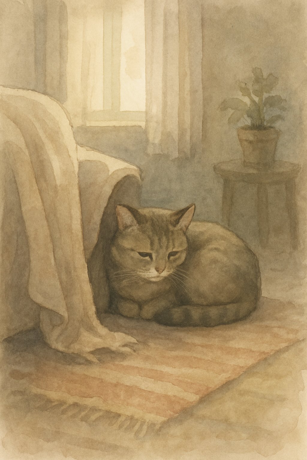 A cat curled up quietly in a cozy corner, looking tired and withdrawn in a softly lit room.