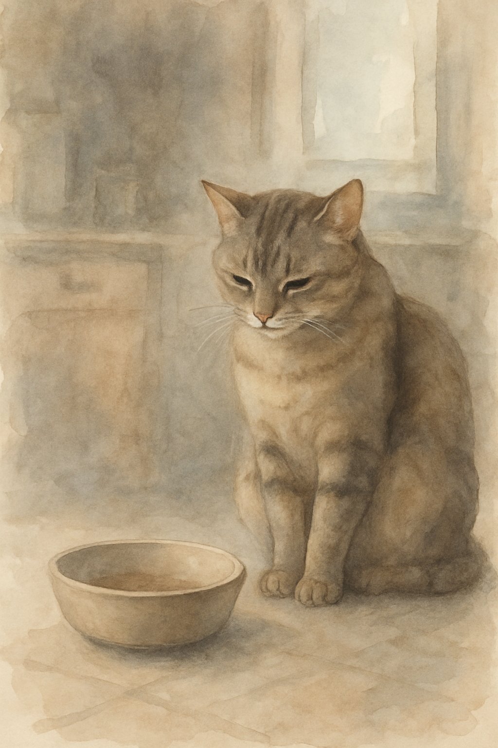 A domestic cat sits quietly next to an untouched bowl of food in a softly lit kitchen, looking calm but subtly tense.