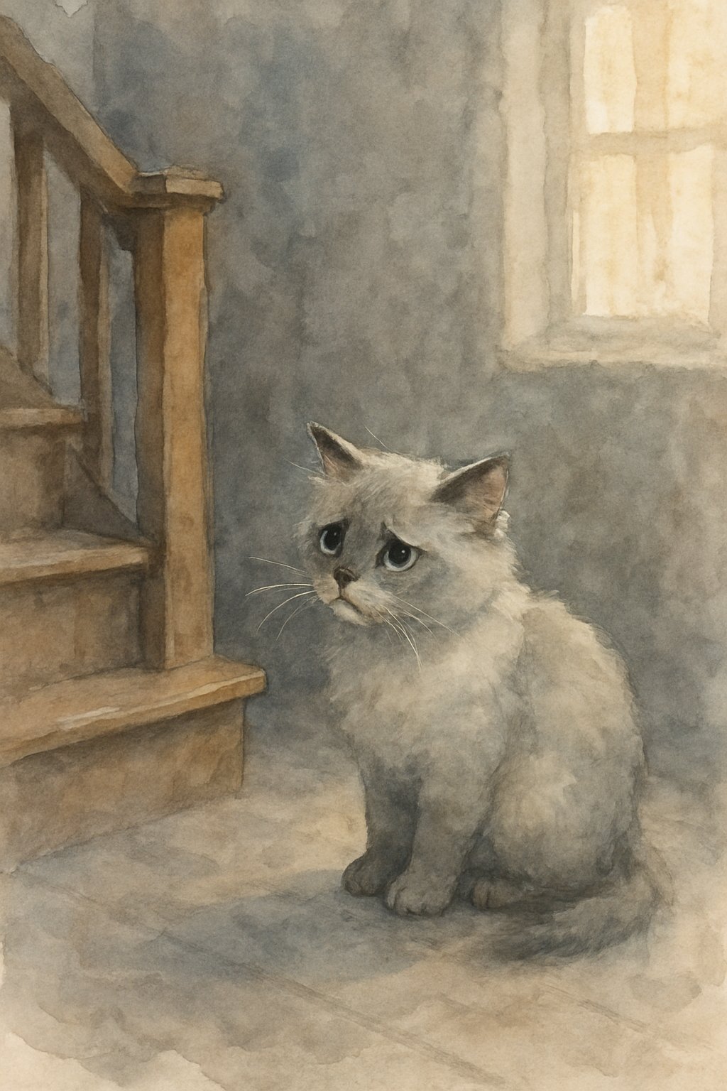 A small cat sitting at the bottom of a staircase, looking hesitant and unwilling to climb.