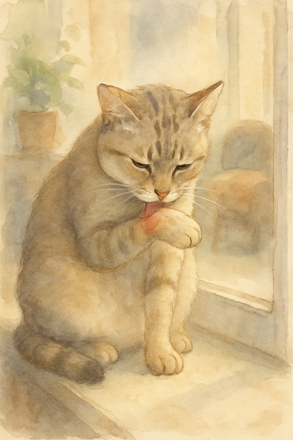 A cat licking a spot on its front leg while sitting on a windowsill, looking calm but slightly uncomfortable.