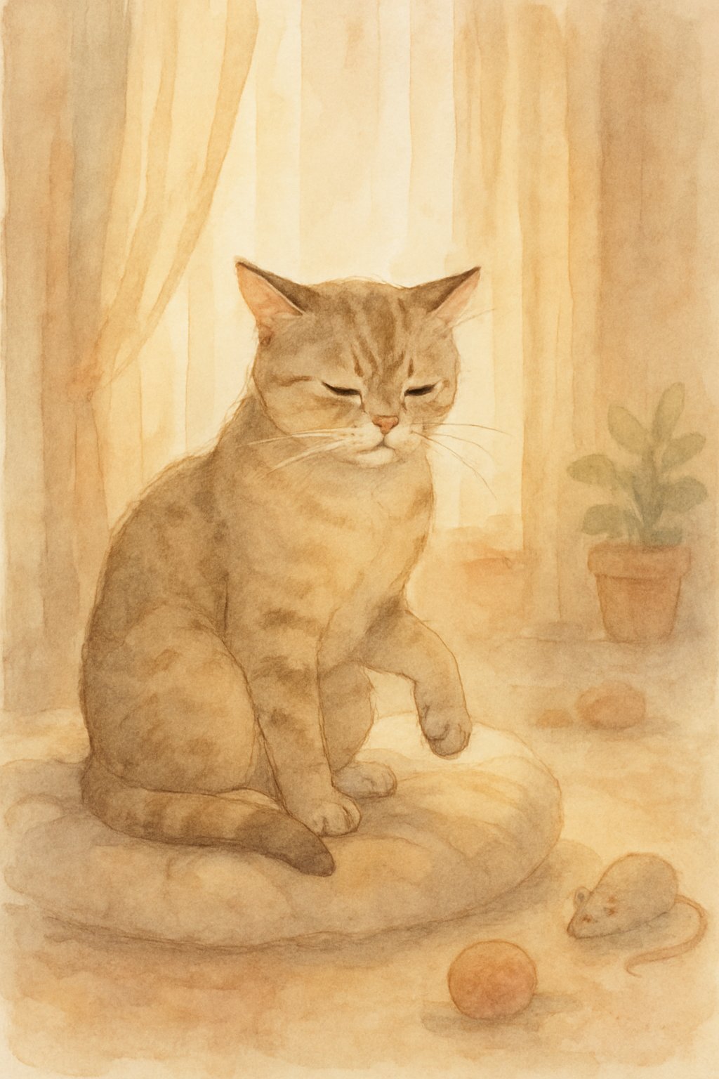 A domestic cat sitting quietly on a cushion by a window, showing subtle signs of discomfort in a cozy living room.
