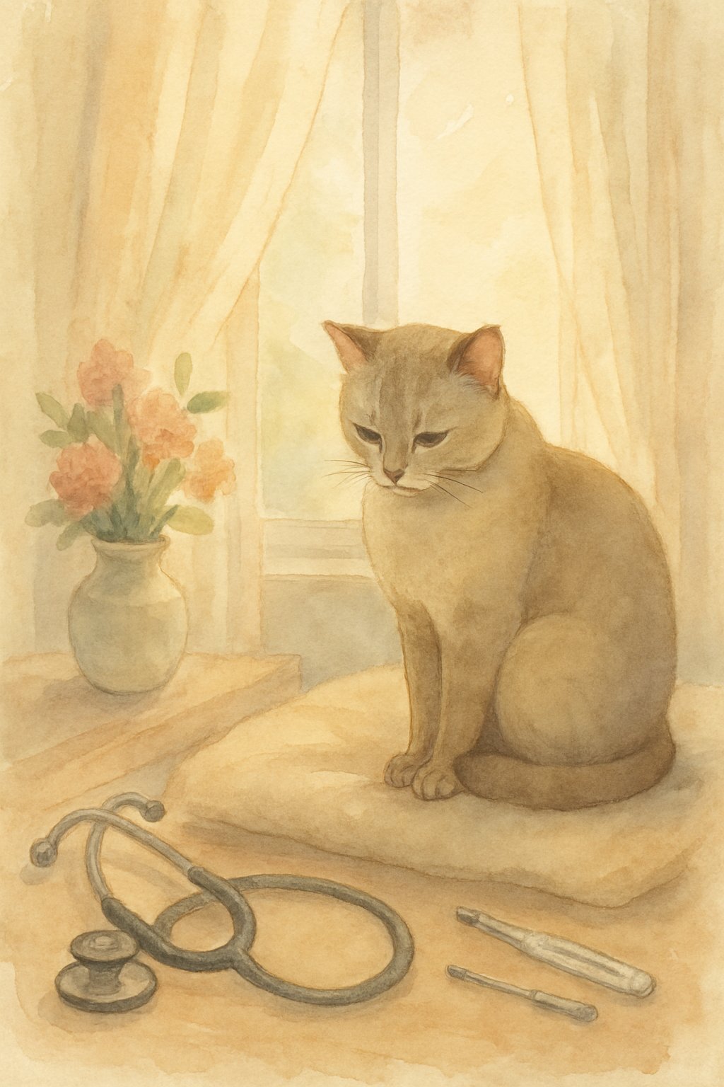 A calm cat sitting quietly on a cushion by a window in a cozy room, showing subtle signs of discomfort.