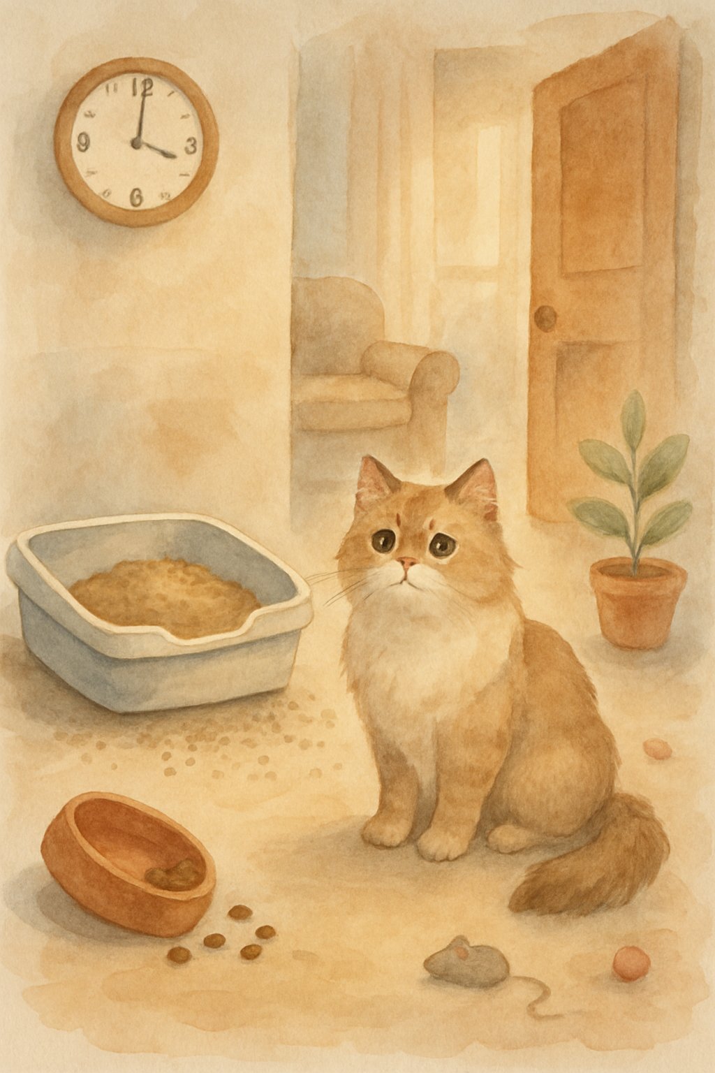 A cat sitting near a litter box in a cozy living room with scattered items around, suggesting reasons for litter box problems.