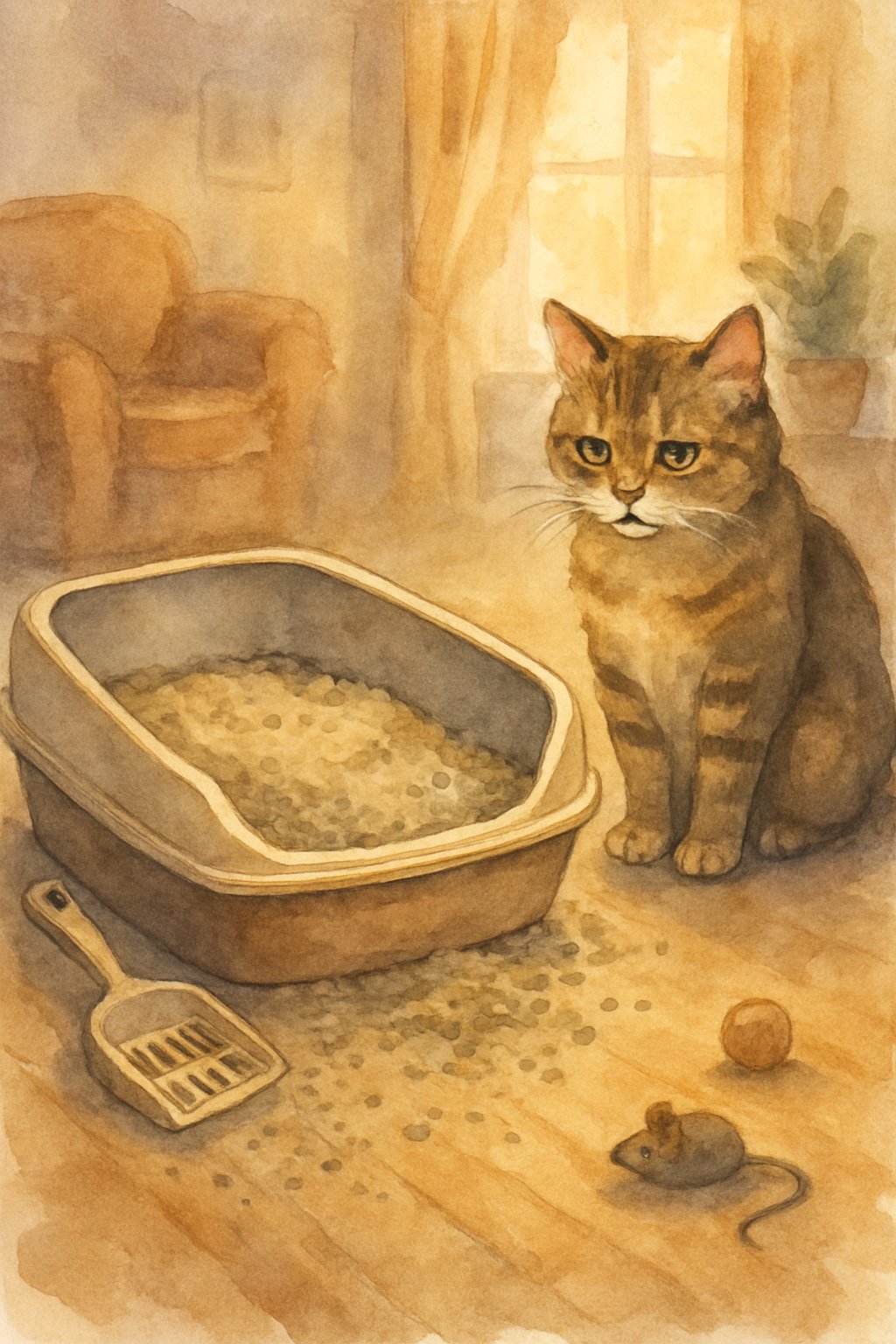 A cat looking at a litter box with scattered litter around it in a cozy living room setting.
