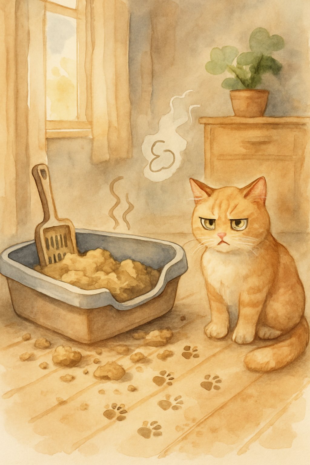 A cat looks at a messy litter box with scattered litter around it inside a cozy home setting.