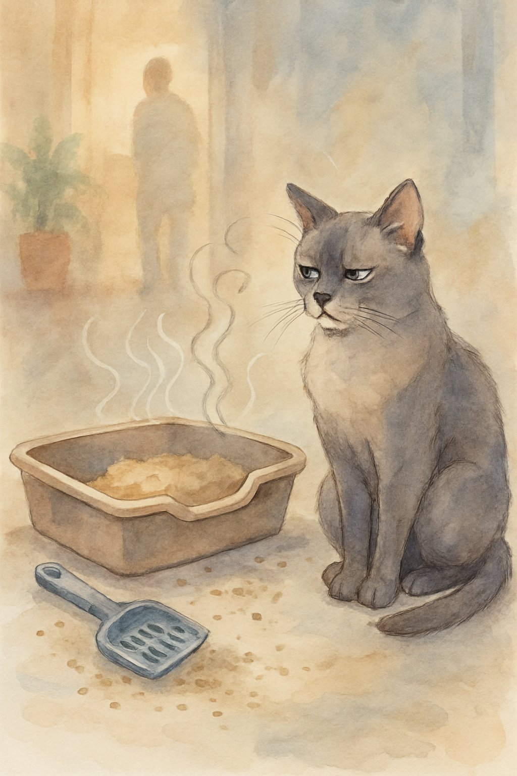 A cat sitting near a litter box in a cozy room, looking away with a displeased expression, with scattered litter around and a blurred human figure in the background.