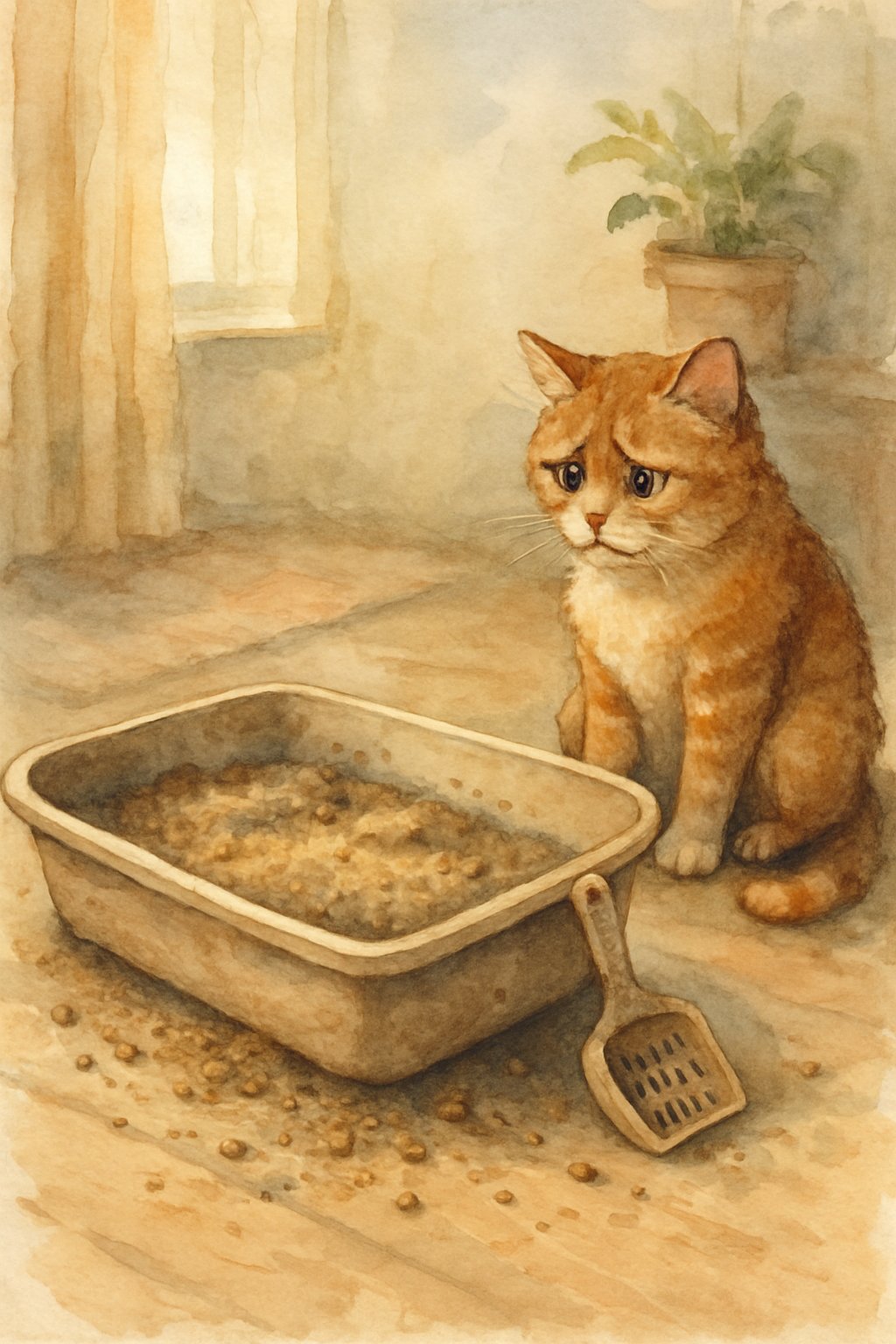 A cat sitting near a slightly messy litter box inside a cozy home, with scattered litter and a scoop nearby.