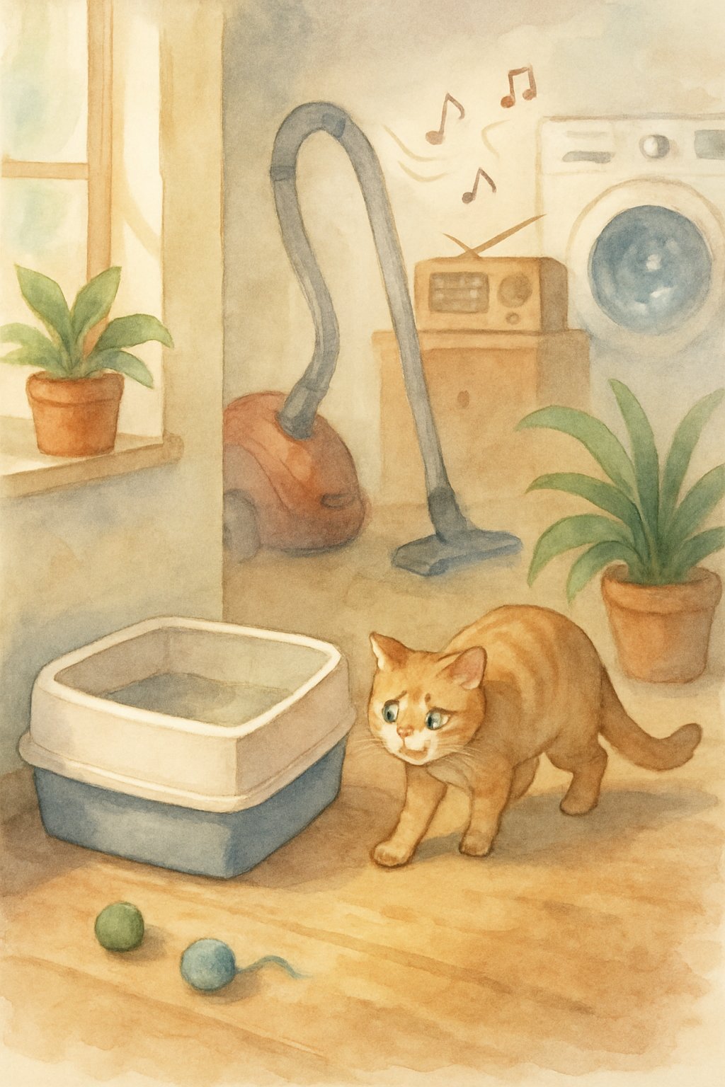 A cat cautiously approaching a litter box placed near a vacuum cleaner, radio, and washing machine in a busy indoor corner.