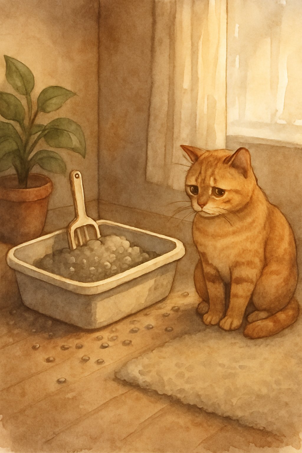 A cat sitting beside a small, crowded litter box in a cozy room with soft sunlight and household items around.