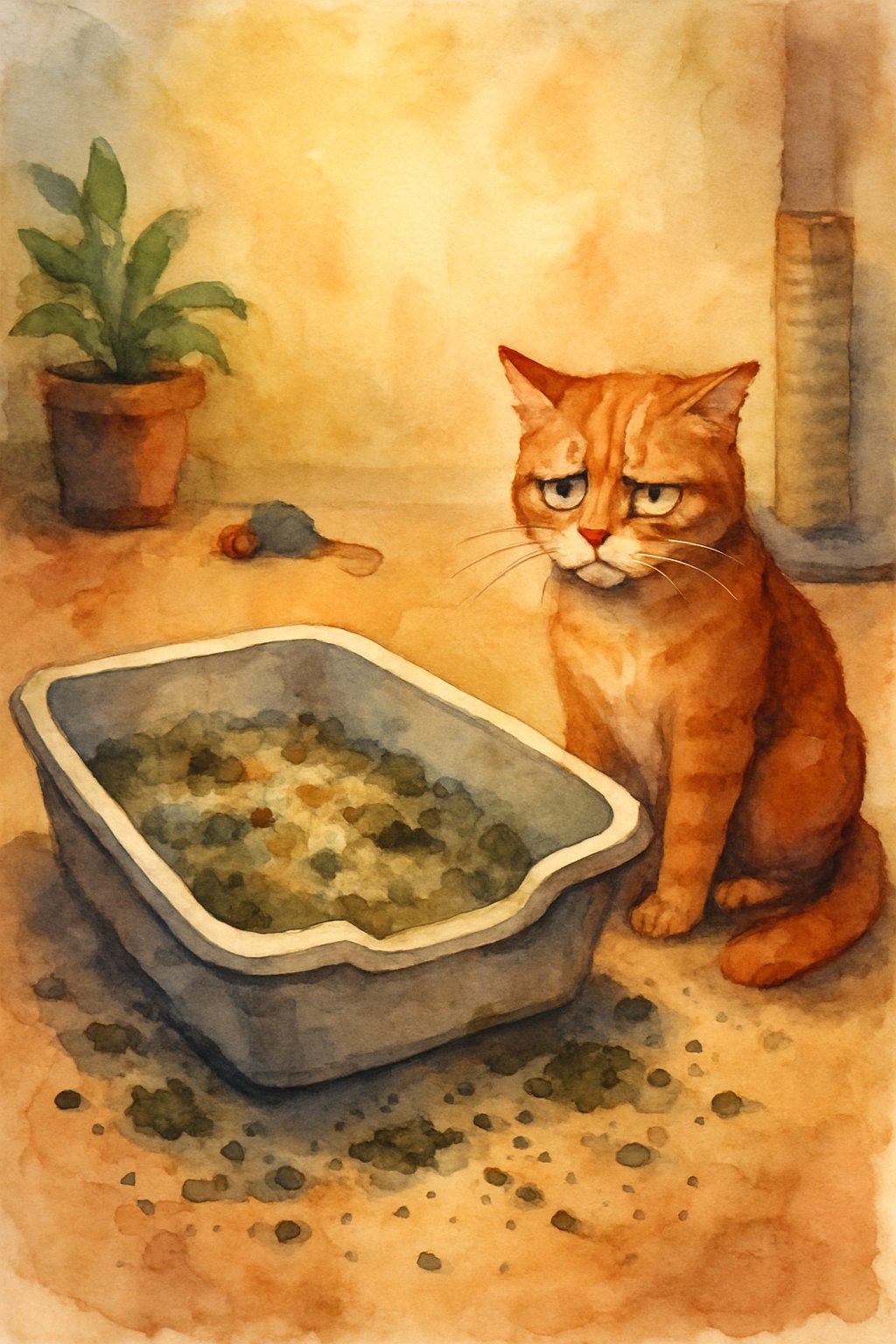 A cat looking unhappily at a dirty litter box with scattered litter in a cozy indoor room.
