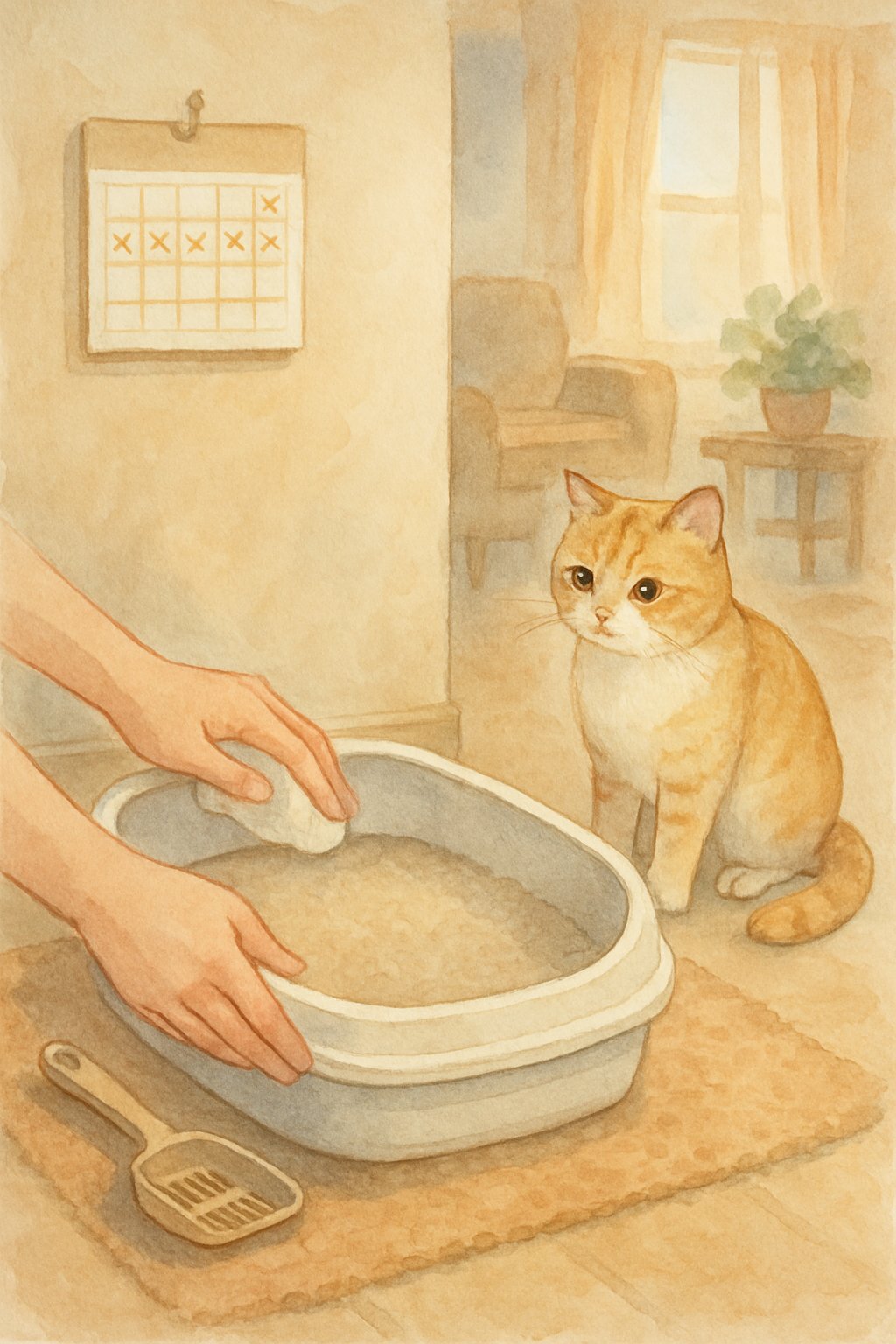 A cat near a clean litter box inside a cozy living room with a person’s hands cleaning the box and a calendar on the wall.