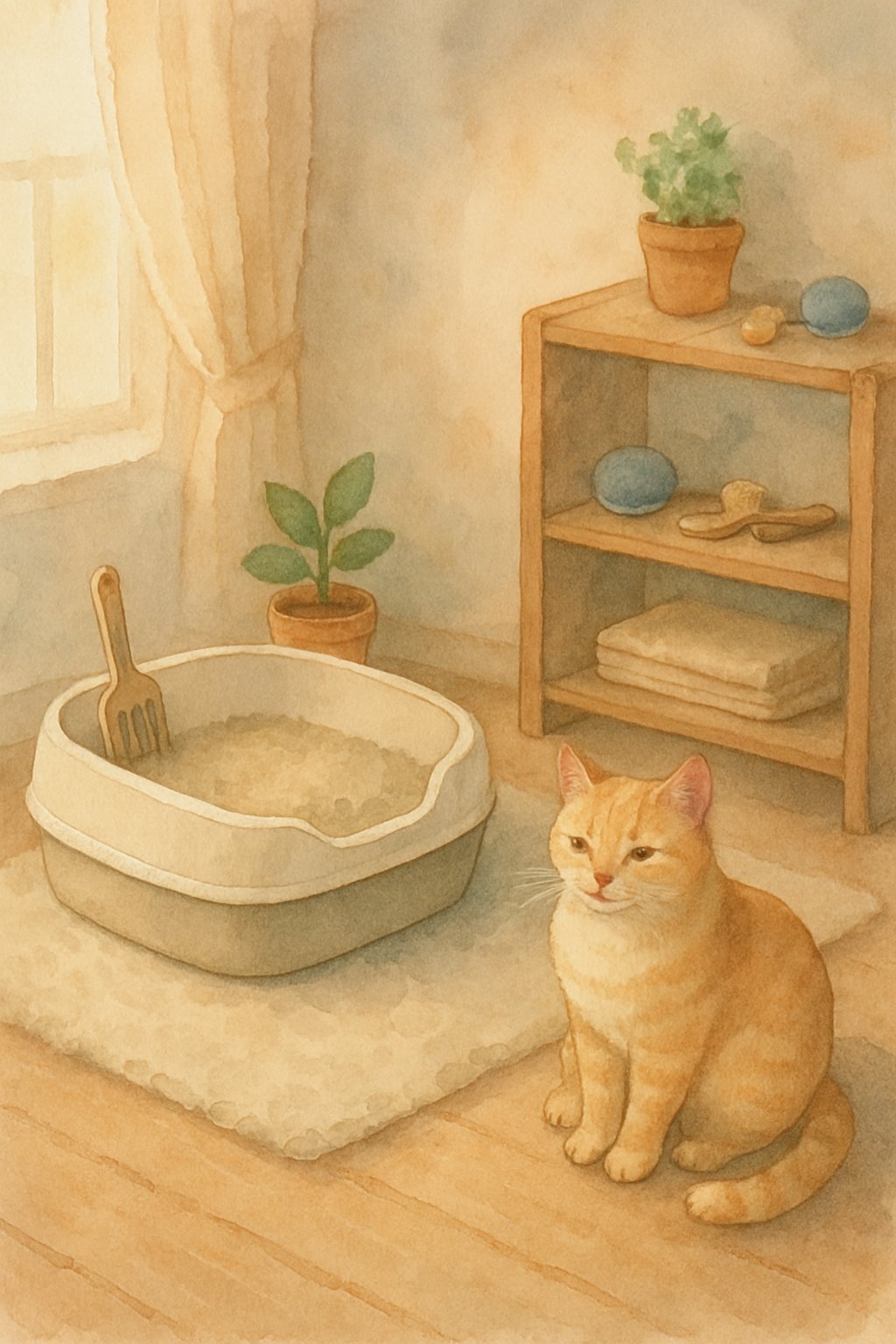A peaceful indoor corner with a clean cat litter box, a relaxed cat nearby, a small plant, and cat toys, creating a calm and tidy environment.