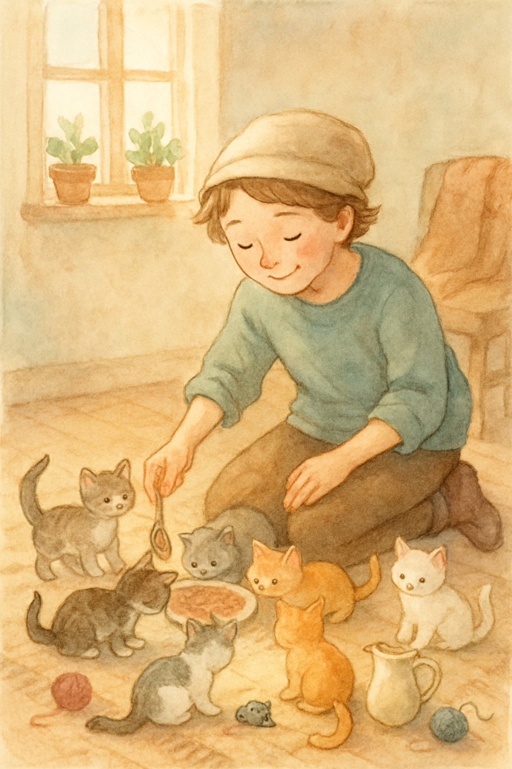 A person feeding several kittens gathered around a bowl in a cozy indoor room with natural light and small toys scattered nearby.