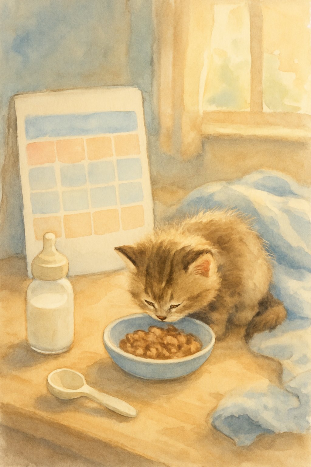 A small kitten eating from a bowl next to a feeding schedule chart and kitten care items on a wooden table in a cozy room.