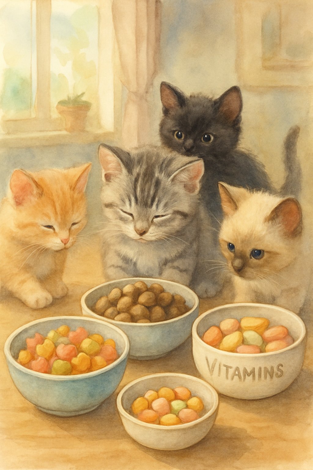 Several kittens exploring bowls of treats and supplements arranged on a wooden surface in a warm, cozy home setting.