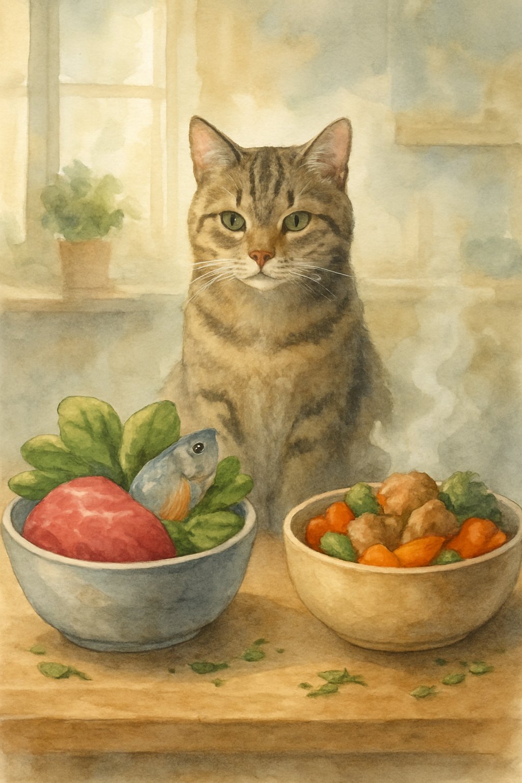 A cat sitting between two bowls, one with raw ingredients and the other with cooked food, on a wooden table in a softly lit kitchen.