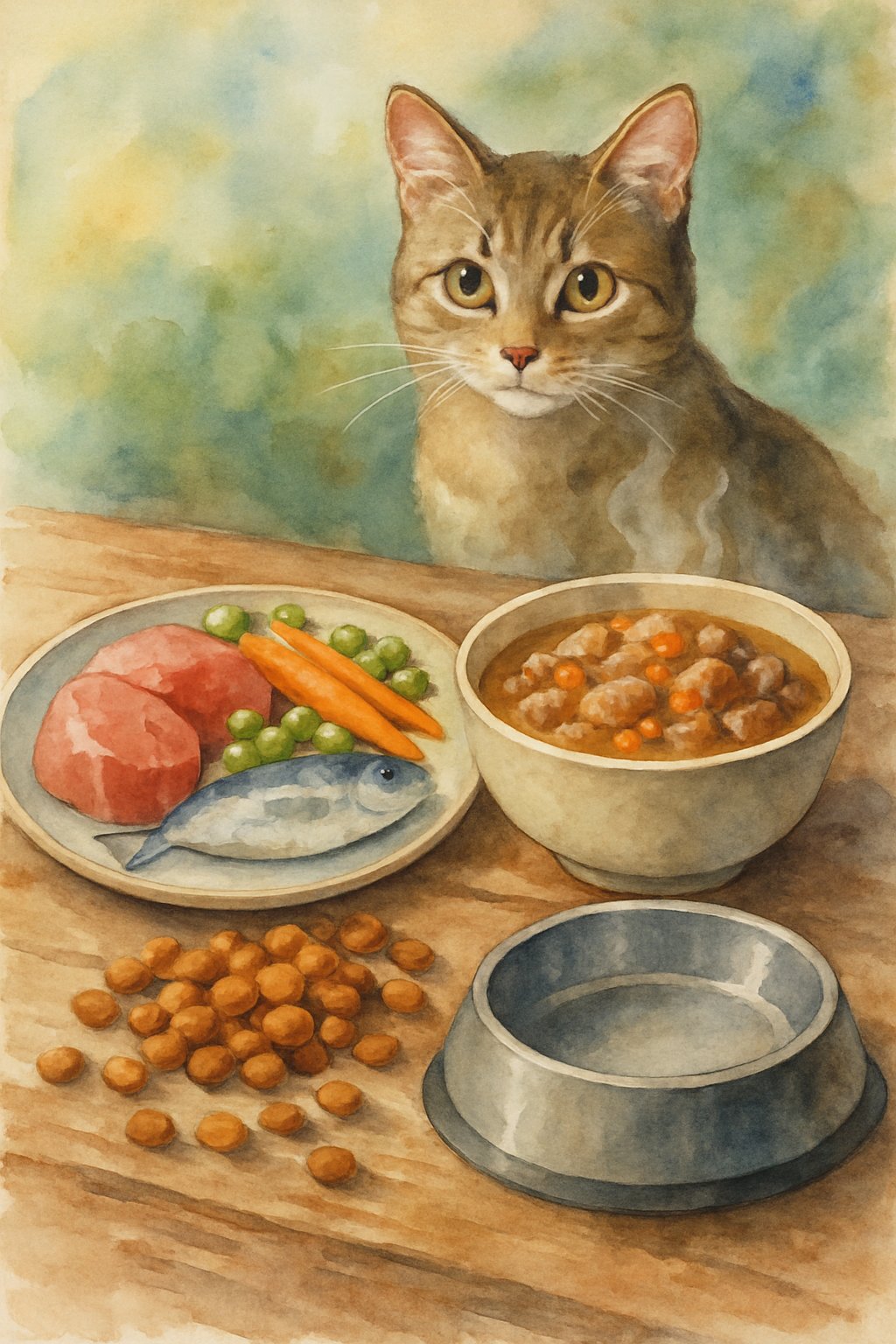 A domestic cat watches a table displaying raw meat, cooked food in a bowl, and dry kibble arranged side by side.
