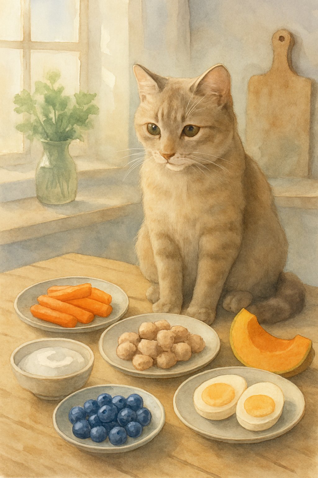 A cat sitting on a kitchen table surrounded by small portions of cooked chicken, carrots, blueberries, pumpkin, eggs, and yogurt.