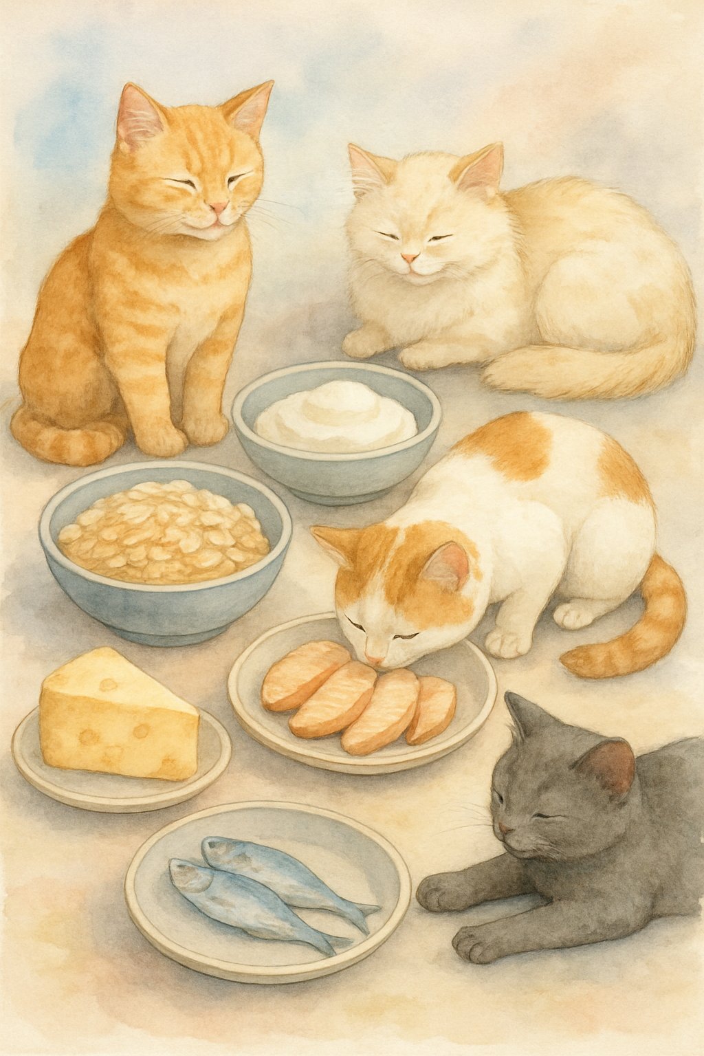 Several cats relaxing near bowls and plates of grains, dairy, and small cooked treats arranged together on a soft surface.