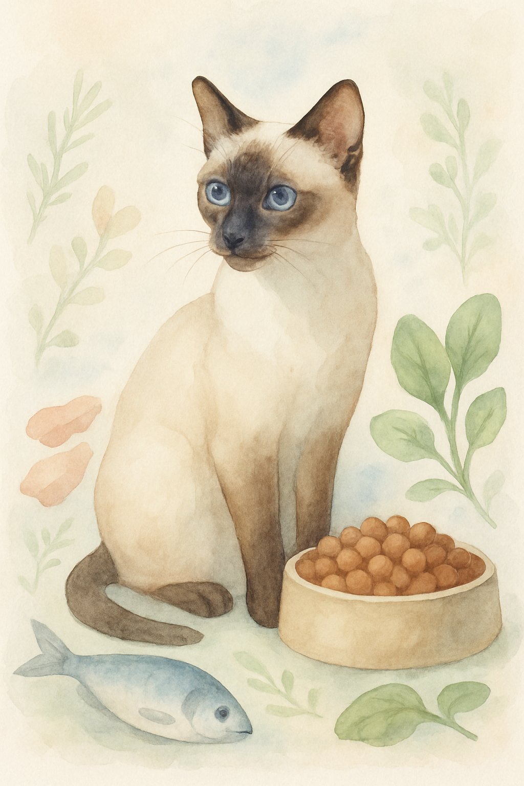 A Siamese cat sitting next to a bowl of cat food surrounded by illustrations of fish, chicken, and leafy greens.