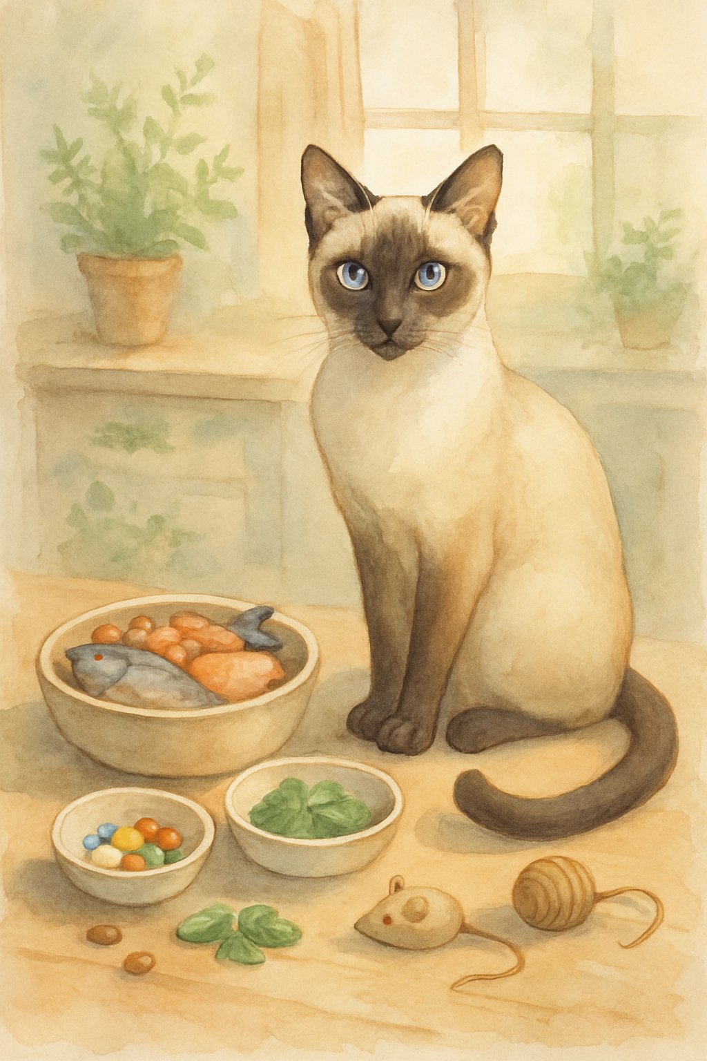 A Siamese cat sitting in a kitchen surrounded by bowls of food, water, vitamins, and cat-friendly plants.