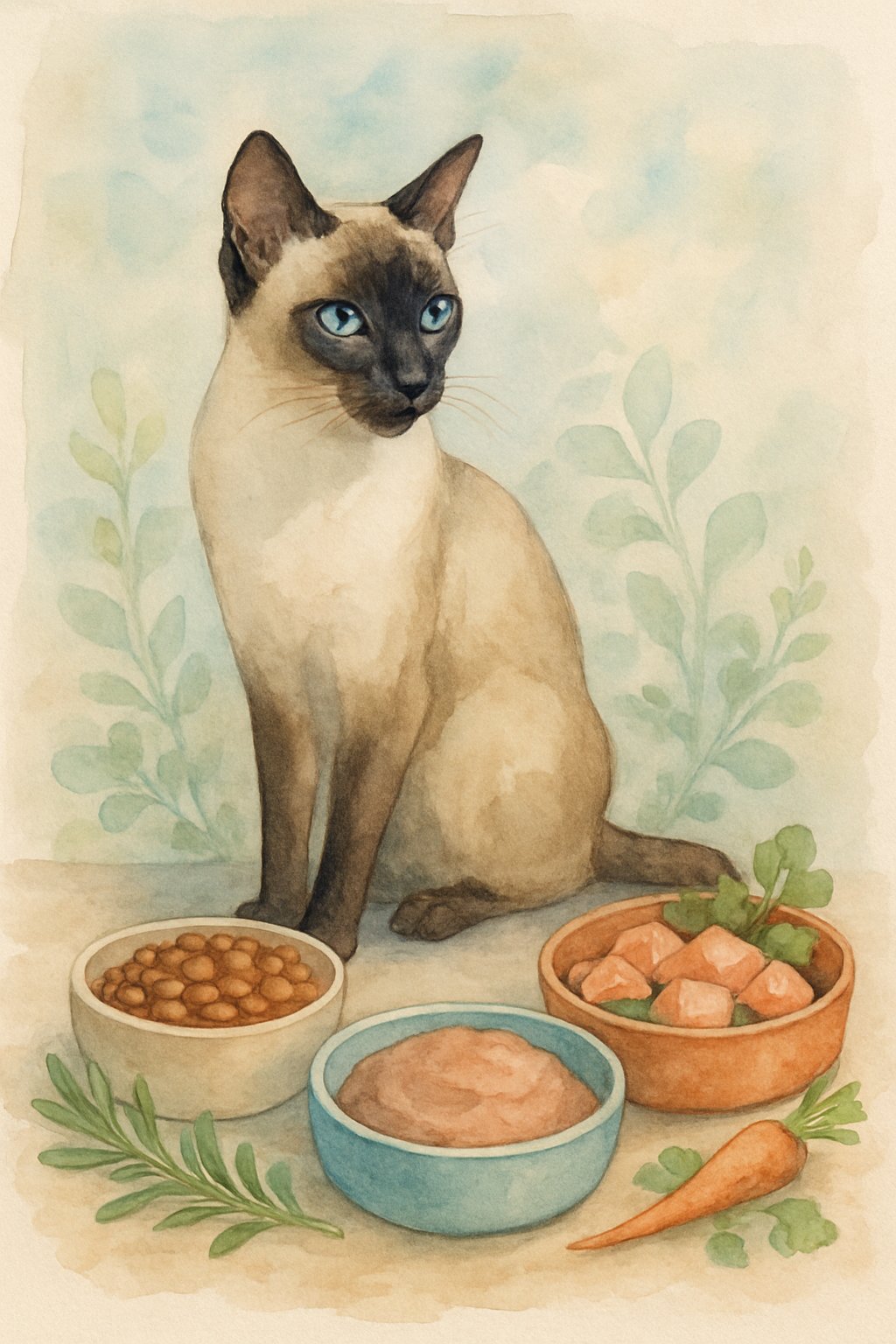 A Siamese cat sitting next to several bowls of different cat foods with herbs and vegetables around, set against a soft natural background.