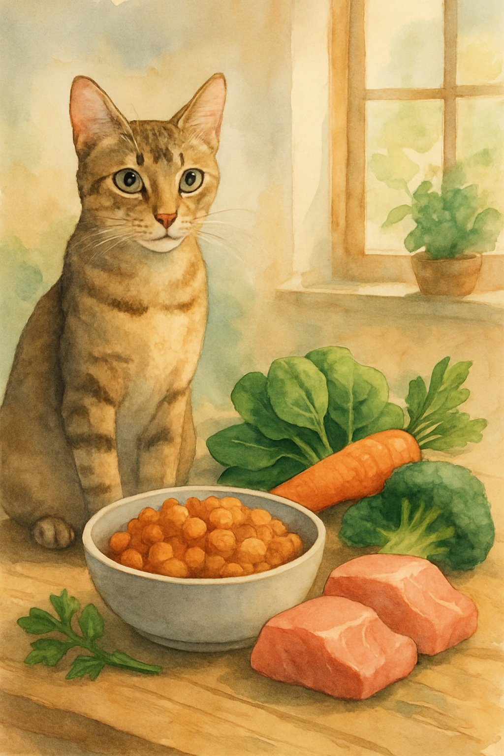 A healthy cat sitting next to a bowl of fresh cat food with vegetables and meats on a wooden table in a cozy kitchen.