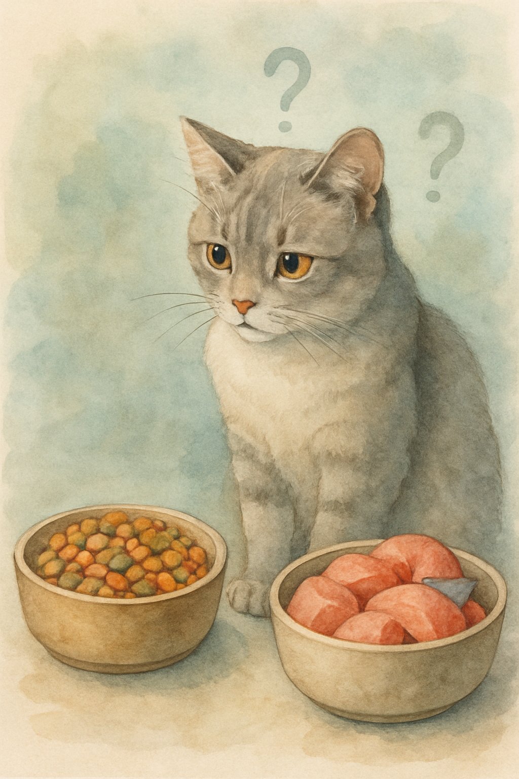 A domestic cat sitting next to two bowls of cat food, one with grains and the other with meat, looking curious and cautious.
