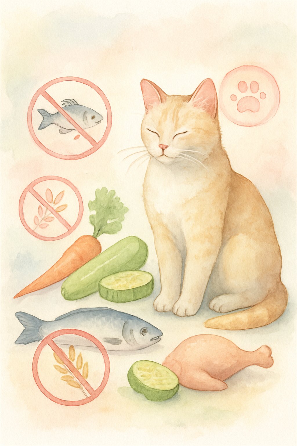 A calm cat sitting next to fresh food ingredients with some grains crossed out, symbolizing grain-free cat food and food allergies.