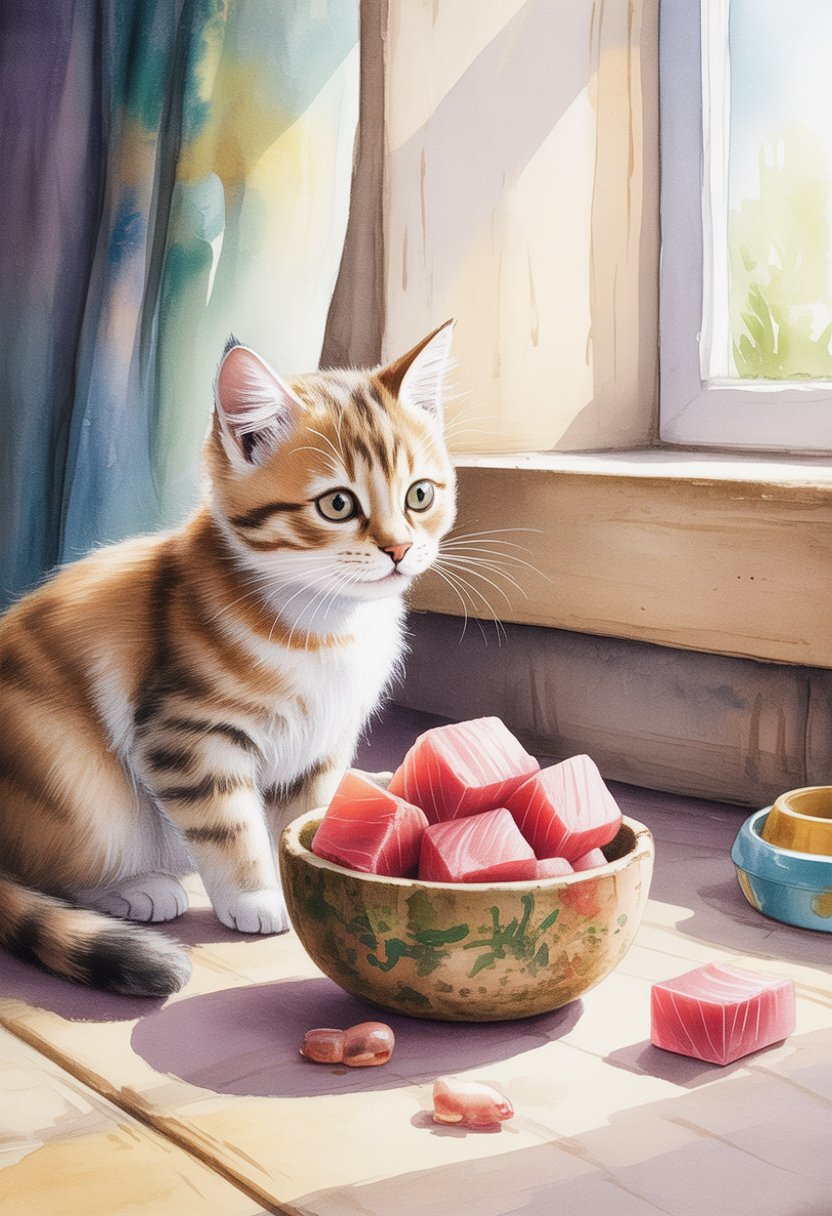 A domestic cat sitting next to a bowl of fresh tuna in a cozy kitchen setting.