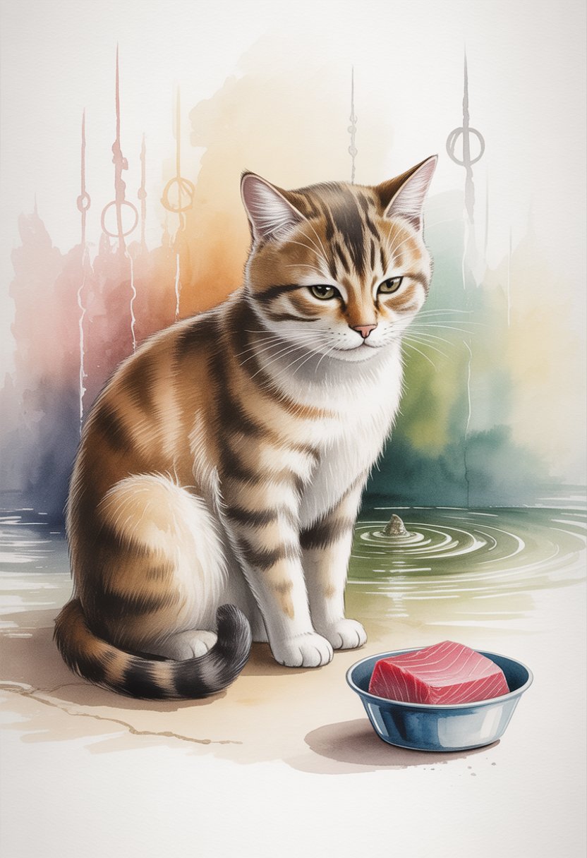 A cat sitting next to a bowl of tuna, looking tired and unwell, with soft colors and abstract mercury symbols in the background.