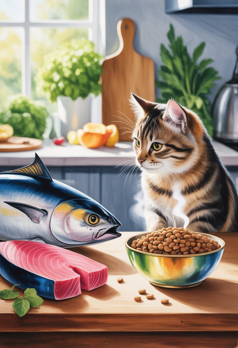 A cat sitting between a fresh tuna fish on a wooden table and a bowl of cat food in a cozy kitchen setting.